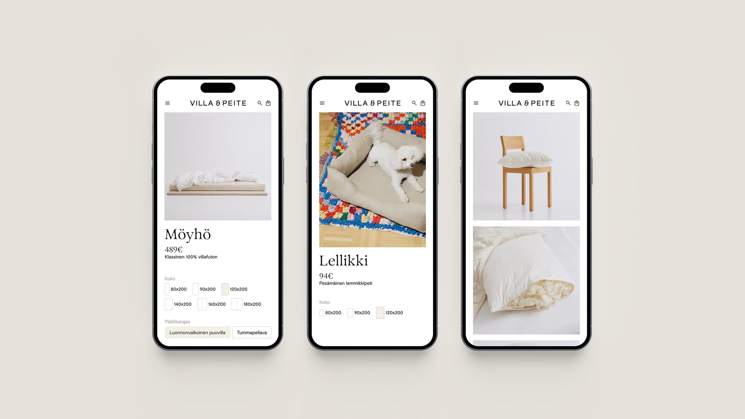 Villa & Peite mobile e-commerce screens showing products with Finnish product names and pricing.