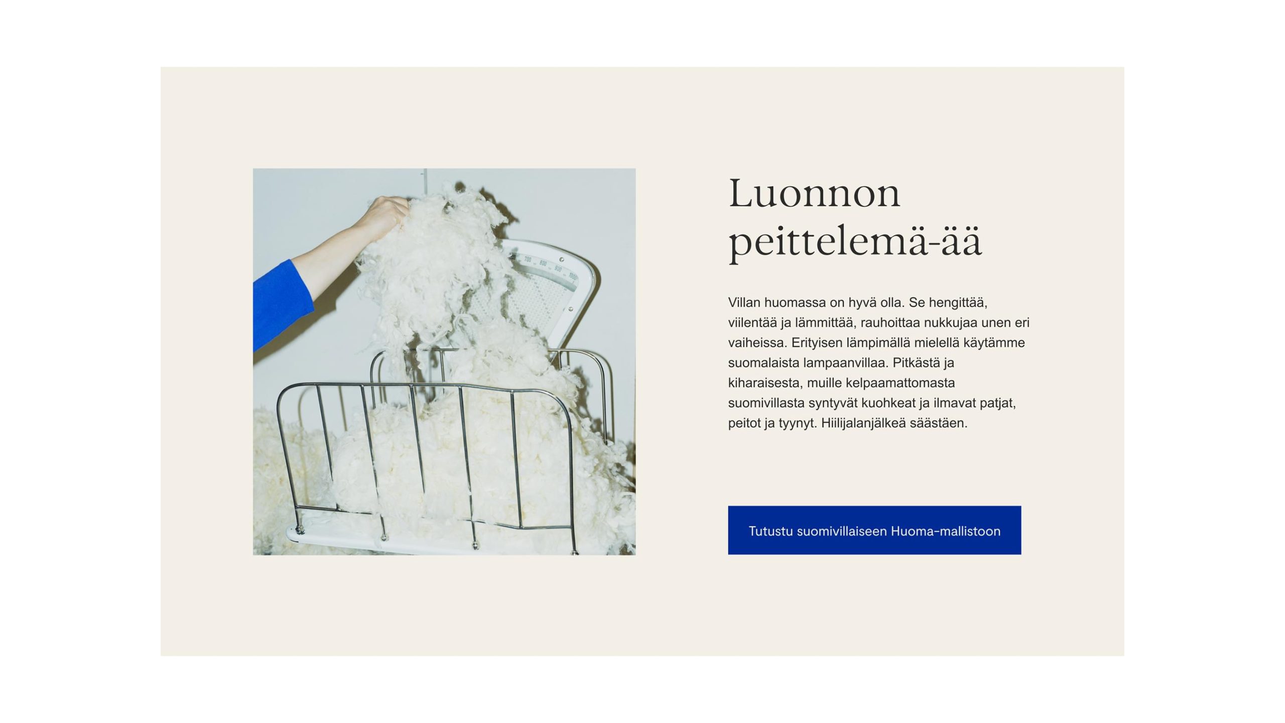 Hand in blue sleeve stuffing Finnish sheep wool into a metal bed frame, promoting Villa & Peite's Huoma bedding collection.