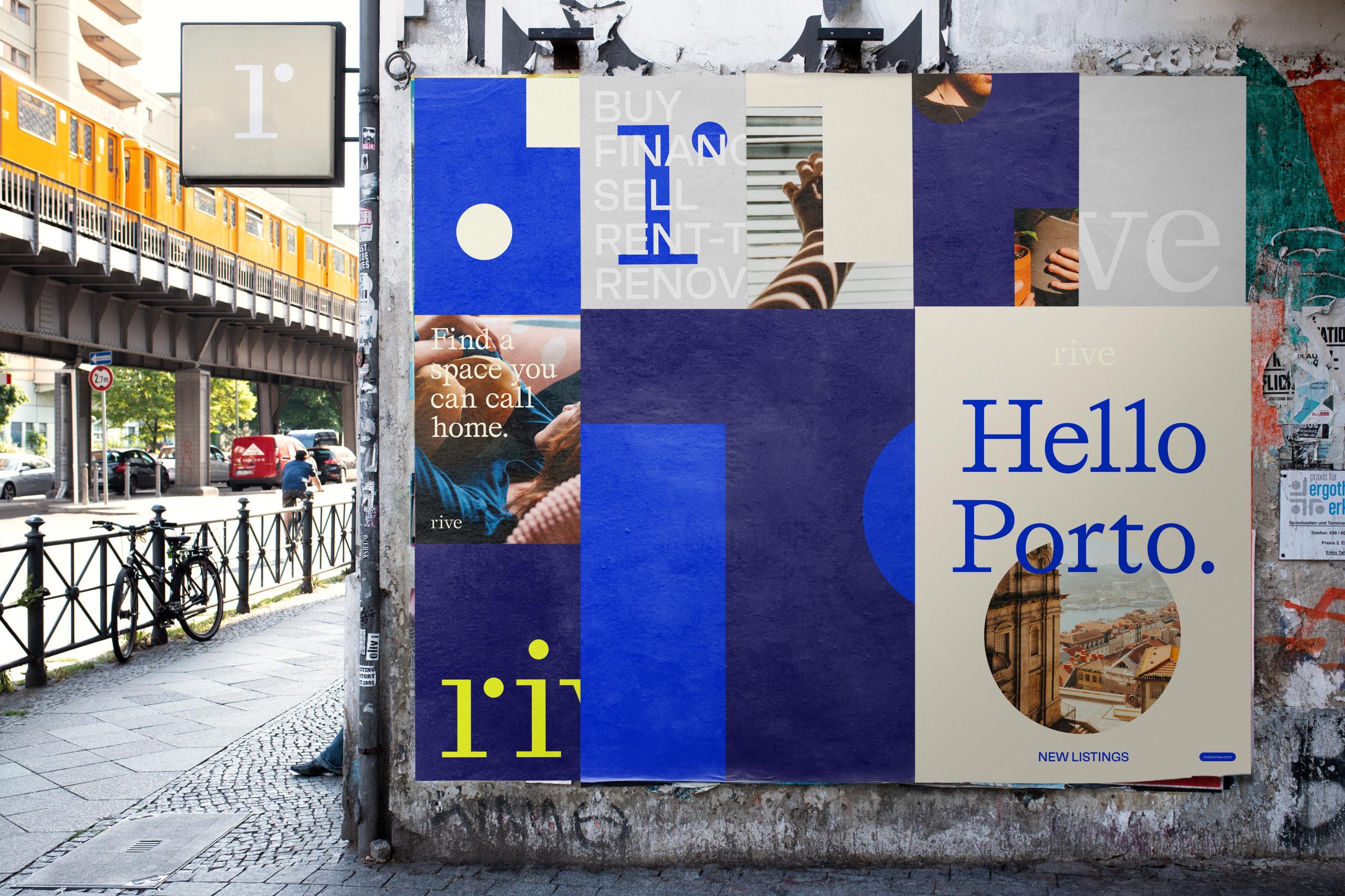 Rive brand posters on a street wall beside an elevated train line, one reading “Hello Porto.”