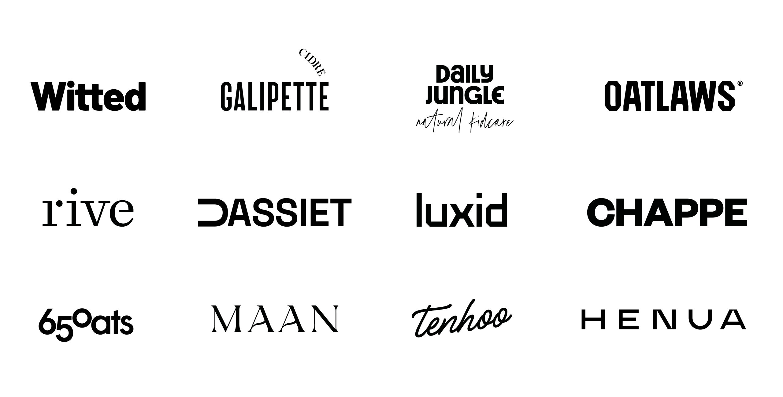 Grid of logos from Werklig naming projects, including Witted, Galipette, Daily Jungle, Oatlaws, Rive, Dassiet, Luxid, Chappe, 65°oats, Maan, Tenhoo and Henua