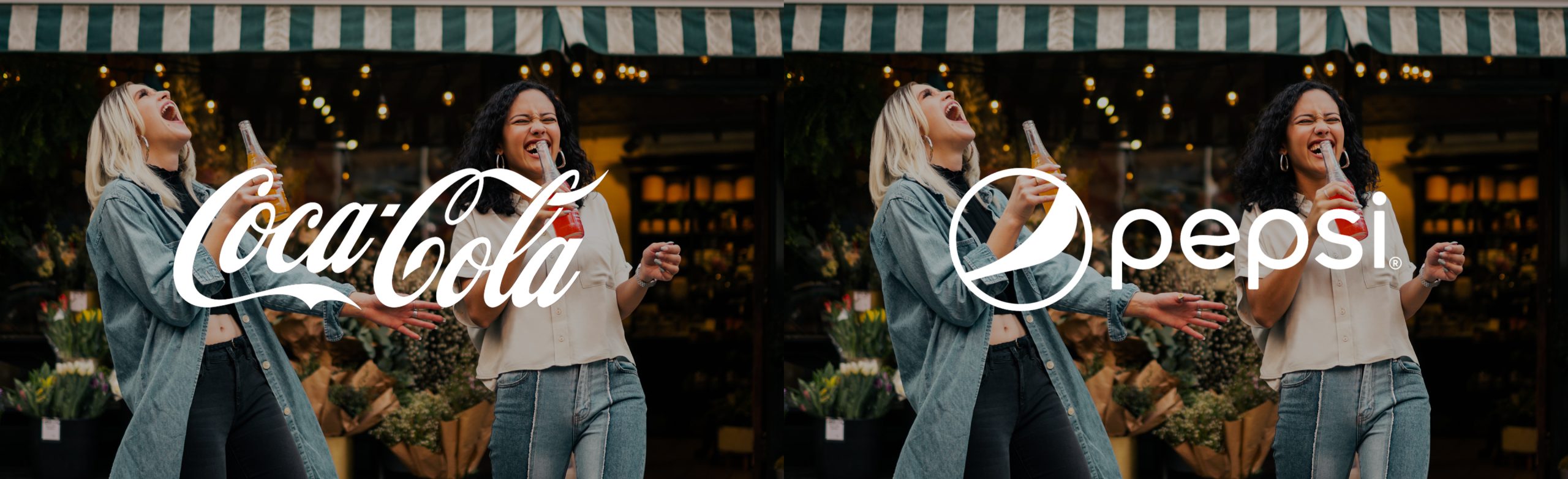 Two near-identical stock-style photos of a smiling woman, one carrying the Coca-Cola logo and the other the Pepsi logo