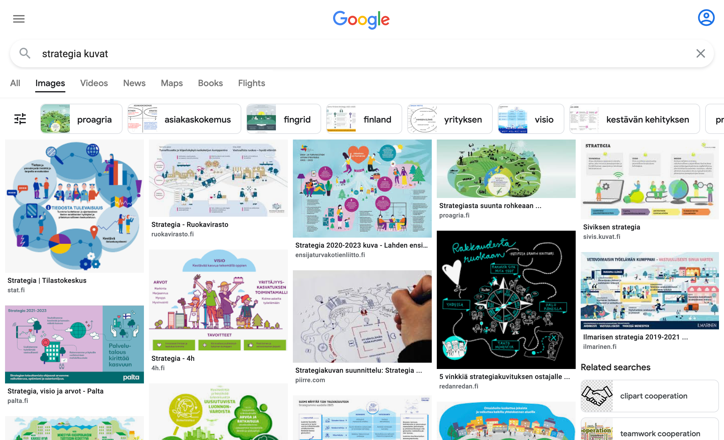 Google image search results for “strategia kuvat” showing near-identical, pastel strategy illustrations